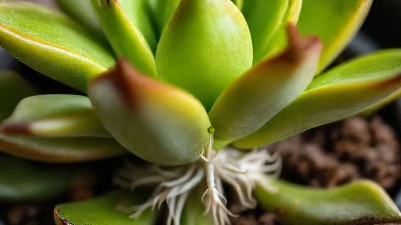 A photorealistic close-up of a succulent plant showing vibrant, firm green leaves and new, tiny healthy roots emerging from the base after treatment, symbolizing successful recovery. Soft, natural light, sharp focus, 8K, professional photography, shot on a high-end DSLR. A photorealistic close-up of a succulent plant showing vibrant, firm green leaves and new, tiny healthy roots emerging from the base after treatment, symbolizing successful recovery. Soft, natural light, sharp focus, 8K, professional photography, shot on a high-end DSLR.