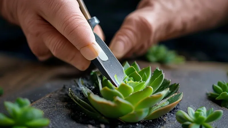 A close-up, photorealistic image of an expert gardener's hands carefully making a clean cut on the stem of a small succulent with a sterilized, sharp blade. The stem shows a clear distinction between the dark, rotting lower part and the healthy, green upper part. The cut surface is visible, revealing healthy, clean tissue. Cinematic lighting, sharp focus on the cut, depth of field blurring the background. Professional photography, 8K hyper-detailed. A close-up, photorealistic image of an expert gardener's hands carefully making a clean cut on the stem of a small succulent with a sterilized, sharp blade. The stem shows a clear distinction between the dark, rotting lower part and the healthy, green upper part. The cut surface is visible, revealing healthy, clean tissue. Cinematic lighting, sharp focus on the cut, depth of field blurring the background. Professional photography, 8K hyper-detailed.