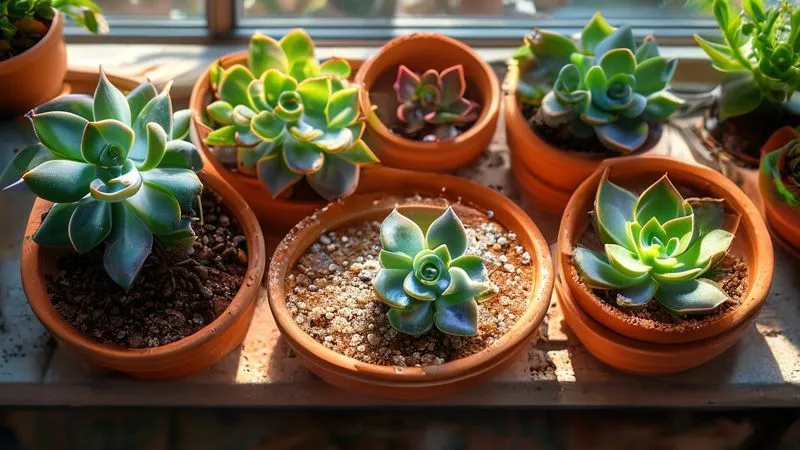A photorealistic, top-down shot of several small, healthy succulent plants thriving in well-draining terracotta pots on a bright windowsill. The soil is visibly gritty and dry, and the plants show vibrant colors and plump leaves. Cinematic lighting, sharp focus on the plants, soft depth of field. Professional photography, 8K hyper-detailed. A photorealistic, top-down shot of several small, healthy succulent plants thriving in well-draining terracotta pots on a bright windowsill. The soil is visibly gritty and dry, and the plants show vibrant colors and plump leaves. Cinematic lighting, sharp focus on the plants, soft depth of field. Professional photography, 8K hyper-detailed.