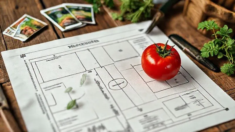 A photorealistic, professional photography of a detailed, hand-drawn garden layout plan on a rustic wooden table, surrounded by small gardening tools, seed packets, and a freshly picked organic tomato. The plan shows different sections for various vegetables and herbs, with sun exposure indicators. Cinematic lighting, sharp focus on the drawing, depth of field blurring the tools, 8K hyper-detailed. A photorealistic, professional photography of a detailed, hand-drawn garden layout plan on a rustic wooden table, surrounded by small gardening tools, seed packets, and a freshly picked organic tomato. The plan shows different sections for various vegetables and herbs, with sun exposure indicators. Cinematic lighting, sharp focus on the drawing, depth of field blurring the tools, 8K hyper-detailed.