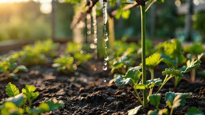 A photorealistic, professional photography of an efficient drip irrigation system gently watering the base of healthy organic vegetable plants in a raised garden bed at dawn. The water droplets are visible, sparkling in the soft cinematic light. Sharp focus on the drip lines and the moist soil, with a depth of field blurring the background of a serene garden. Shot on a high-end DSLR, 8K hyper-detailed. A photorealistic, professional photography of an efficient drip irrigation system gently watering the base of healthy organic vegetable plants in a raised garden bed at dawn. The water droplets are visible, sparkling in the soft cinematic light. Sharp focus on the drip lines and the moist soil, with a depth of field blurring the background of a serene garden. Shot on a high-end DSLR, 8K hyper-detailed.