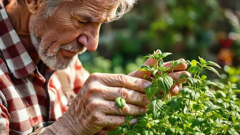 A photorealistic, professional photography of an experienced gardener, with gentle, weathered hands, carefully inspecting the leaves of a thriving organic basil plant in a home garden. The gardener's face shows a look of keen observation and care. Cinematic lighting, sharp focus on the hands and plant, depth of field blurring the background garden, 8K hyper-detailed. A photorealistic, professional photography of an experienced gardener, with gentle, weathered hands, carefully inspecting the leaves of a thriving organic basil plant in a home garden. The gardener's face shows a look of keen observation and care. Cinematic lighting, sharp focus on the hands and plant, depth of field blurring the background garden, 8K hyper-detailed.