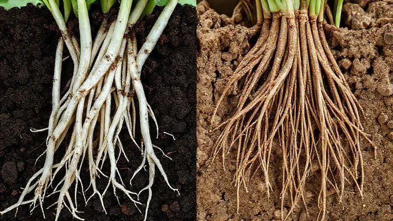 A close-up, photorealistic split image showing two sets of medicinal herb roots. On the left, healthy, thick, white roots are spreading through a rich, dark, well-aerated soil substrate. On the right, thin, brown, struggling roots are visible in a dense, waterlogged, pale soil. Cinematic lighting, sharp focus on the root systems and soil textures, 8K, professional photography, shot on a high-end DSLR, illustrating the stark contrast in root health. A close-up, photorealistic split image showing two sets of medicinal herb roots. On the left, healthy, thick, white roots are spreading through a rich, dark, well-aerated soil substrate. On the right, thin, brown, struggling roots are visible in a dense, waterlogged, pale soil. Cinematic lighting, sharp focus on the root systems and soil textures, 8K, professional photography, shot on a high-end DSLR, illustrating the stark contrast in root health.