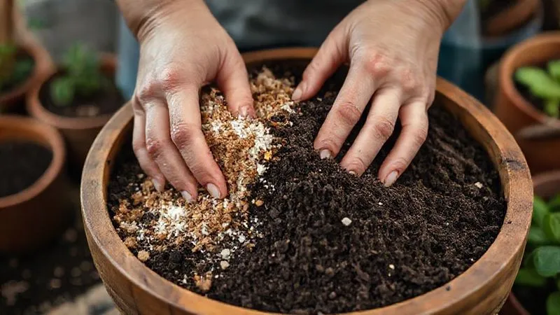 A close-up, photorealistic shot of hands gently mixing various components of a rich, dark soil substrate in a large wooden bowl. Visible components include light brown coco fiber, white perlite, dark compost, and some fine sand. The hands are clean, suggesting care and expertise. Cinematic lighting, sharp focus on the mixing action and soil textures, depth of field blurring a background of gardening tools and pots. 8K, professional photography, shot on a high-end DSLR, conveying a sense of preparation and natural goodness. A close-up, photorealistic shot of hands gently mixing various components of a rich, dark soil substrate in a large wooden bowl. Visible components include light brown coco fiber, white perlite, dark compost, and some fine sand. The hands are clean, suggesting care and expertise. Cinematic lighting, sharp focus on the mixing action and soil textures, depth of field blurring a background of gardening tools and pots. 8K, professional photography, shot on a high-end DSLR, conveying a sense of preparation and natural goodness.