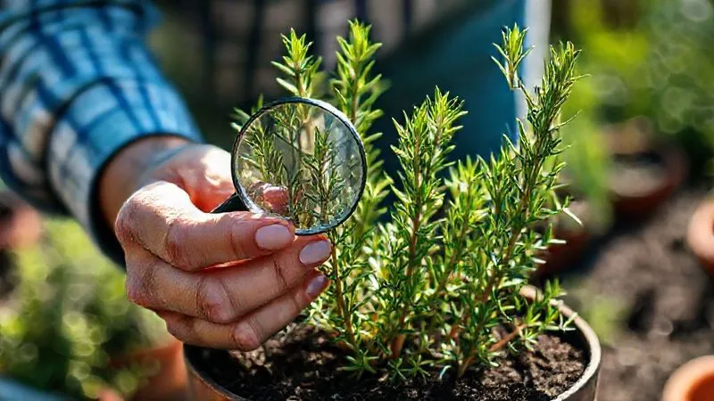 A photorealistic image of a skilled gardener's hands gently inspecting the leaves and soil of a vibrant potted rosemary plant. A small magnifying glass is held over a leaf, suggesting close attention to detail. The plant is thriving in a rich, dark substrate. Cinematic lighting, sharp focus on the hands and plant, depth of field blurring a serene background of a sunlit herb garden. 8K, professional photography, shot on a high-end DSLR, conveying care, expertise, and natural vitality. A photorealistic image of a skilled gardener's hands gently inspecting the leaves and soil of a vibrant potted rosemary plant. A small magnifying glass is held over a leaf, suggesting close attention to detail. The plant is thriving in a rich, dark substrate. Cinematic lighting, sharp focus on the hands and plant, depth of field blurring a serene background of a sunlit herb garden. 8K, professional photography, shot on a high-end DSLR, conveying care, expertise, and natural vitality.