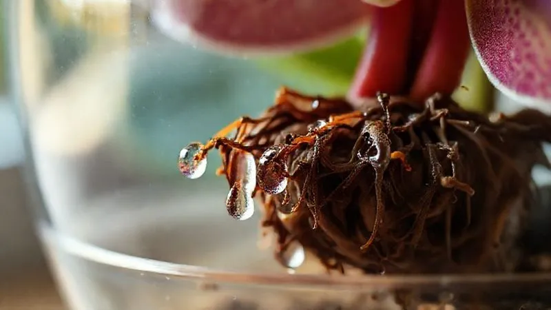 A photorealistic close-up of an orchid's healthy roots, visible through a clear pot, showing the perfect balance of moisture and air. Drops of water cling to the roots. Professional photography, 8K, cinematic lighting, sharp focus, depth of field, shot on a high-end DSLR. A photorealistic close-up of an orchid's healthy roots, visible through a clear pot, showing the perfect balance of moisture and air. Drops of water cling to the roots. Professional photography, 8K, cinematic lighting, sharp focus, depth of field, shot on a high-end DSLR.