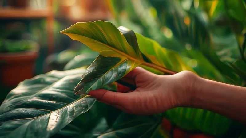 A photorealistic close-up of a hand gently inspecting a wilting tropical leaf on a vibrant green plant, with blurred background of a cozy indoor garden. Cinematic lighting, sharp focus, 8K, professional photography, shot on a high-end DSLR. A photorealistic close-up of a hand gently inspecting a wilting tropical leaf on a vibrant green plant, with blurred background of a cozy indoor garden. Cinematic lighting, sharp focus, 8K, professional photography, shot on a high-end DSLR.