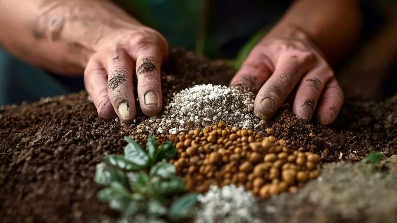 A photorealistic close-up of different soil components like perlite, coco coir, and bark chips being mixed in a gardener's hands, preparing a potting mix for tropical plants. Soft natural light, sharp focus on the textures, 8K, professional photography, shot on a high-end DSLR. A photorealistic close-up of different soil components like perlite, coco coir, and bark chips being mixed in a gardener's hands, preparing a potting mix for tropical plants. Soft natural light, sharp focus on the textures, 8K, professional photography, shot on a high-end DSLR.