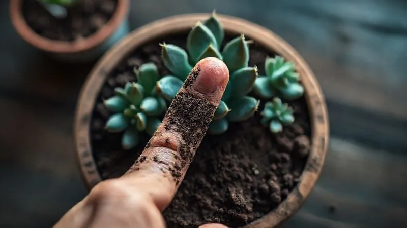 A photorealistic, professional photography, 8K, of a hand performing the 'finger test' on the soil of a potted succulent, illustrating the 'dry deeply' rule. Cinematic lighting, sharp focus on the finger and soil texture, depth of field blurring the background. Shot on a high-end DSLR. A photorealistic, professional photography, 8K, of a hand performing the 'finger test' on the soil of a potted succulent, illustrating the 'dry deeply' rule. Cinematic lighting, sharp focus on the finger and soil texture, depth of field blurring the background. Shot on a high-end DSLR.
