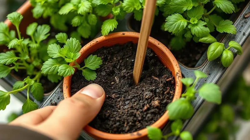 A close-up, photorealistic image of a gardener's hand gently using a wooden chopstick to aerate the soil in a small pot within a vertical garden module. The soil is dark and rich, with visible small air pockets forming. Healthy green herb leaves are visible around the edges. Cinematic lighting, sharp focus on the chopstick and soil, depth of field blurring the background of other vertical garden plants. Professional photography, 8K, shot on a high-end DSLR. A close-up, photorealistic image of a gardener's hand gently using a wooden chopstick to aerate the soil in a small pot within a vertical garden module. The soil is dark and rich, with visible small air pockets forming. Healthy green herb leaves are visible around the edges. Cinematic lighting, sharp focus on the chopstick and soil, depth of field blurring the background of other vertical garden plants. Professional photography, 8K, shot on a high-end DSLR.