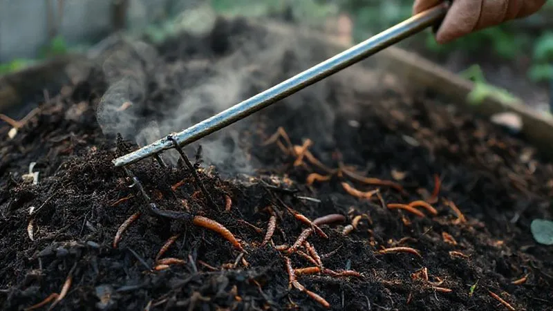 A photorealistic close-up of a gardener using a compost aerator tool, a long metal rod with wings, to turn a steaming compost pile. The compost is dark and rich, with visible earthworms and vibrant microbial activity. Cinematic lighting, sharp focus on the tool and compost, depth of field blurring the background, 8K, professional photography. A photorealistic close-up of a gardener using a compost aerator tool, a long metal rod with wings, to turn a steaming compost pile. The compost is dark and rich, with visible earthworms and vibrant microbial activity. Cinematic lighting, sharp focus on the tool and compost, depth of field blurring the background, 8K, professional photography.