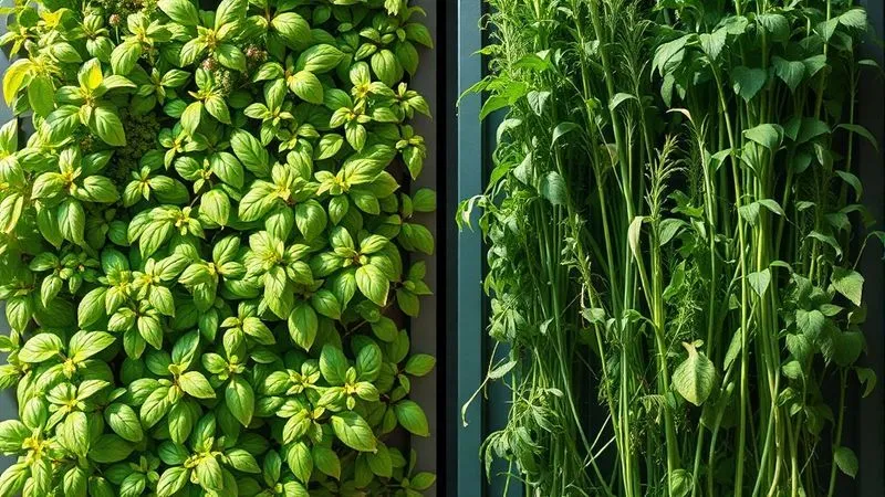 A photorealistic comparison image showing two sections of a vertical garden. On the left, herbs like basil and rosemary are vibrant green, dense, and clearly thriving under bright, direct sunlight, with a warm, golden glow. On the right, the same types of herbs appear lighter green, leggy, and sparse, struggling under dim, indirect light, with a cool, muted tone. Sharp focus on the contrasting plant health and light conditions. 8K, cinematic lighting, professional photography.