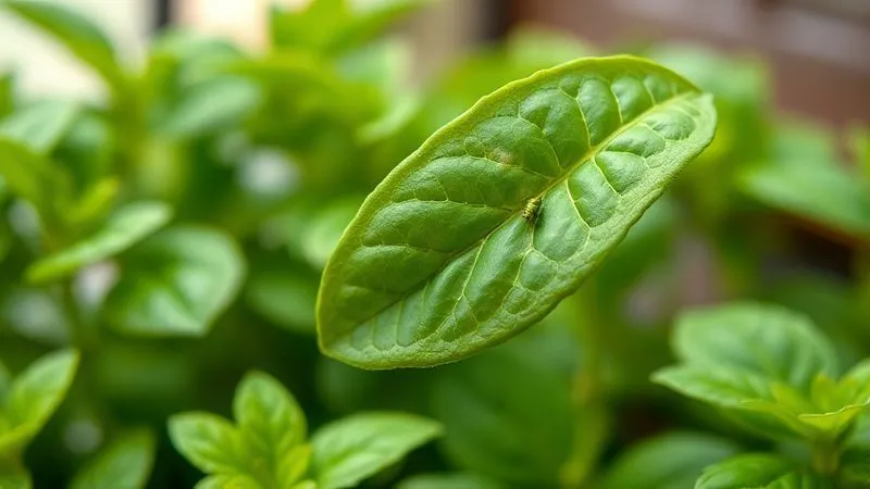 A photorealistic close-up of a basil leaf in a vertical garden, showing a subtle but noticeable infestation of tiny green aphids on its underside. The leaf itself appears slightly discolored and dull, contrasting with the vibrant green of healthy leaves in the background, out of focus. Cinematic lighting, sharp focus on the aphids and the affected leaf, 8K, professional photography.