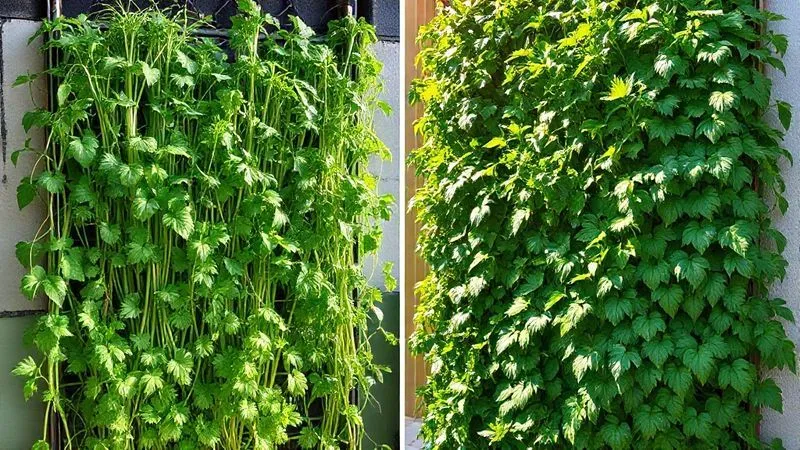 A diptych image, showing a 'before and after' of a vertical herb garden. The 'before' side shows a vertical garden with herbs that are visibly leggy, pale, and sparse, with some yellowing leaves, under dim, indirect light. The 'after' side shows the same vertical garden, now lush, dense, and vibrant with dark green leaves, abundant growth, and clear signs of health and vigor, bathed in bright, warm sunlight. The contrast in health and vibrancy is dramatic. Photorealistic, professional photography, 8K, cinematic lighting, sharp focus on the plants.