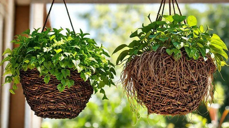 Photorealistic image of two hanging baskets side by side, one is lush and vibrant with green foliage, the other is visibly wilted, dry, and brown. The sun is harsh on the dry one, while the healthy one is slightly shaded. Professional photography, 8K, cinematic lighting, sharp focus, depth of field, shot on a high-end DSLR. Emotional contrast between thriving and struggling plants. Photorealistic image of two hanging baskets side by side, one is lush and vibrant with green foliage, the other is visibly wilted, dry, and brown. The sun is harsh on the dry one, while the healthy one is slightly shaded. Professional photography, 8K, cinematic lighting, sharp focus, depth of field, shot on a high-end DSLR. Emotional contrast between thriving and struggling plants.