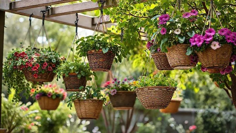 A professional photography, 8K, cinematic lighting, sharp focus, depth of field, shot on a high-end DSLR, showing a beautifully arranged cluster of hanging baskets, some partially shaded by a pergola or a larger tree, creating a cooler, more humid microclimate. A gentle breeze is suggested, but not harsh wind. A professional photography, 8K, cinematic lighting, sharp focus, depth of field, shot on a high-end DSLR, showing a beautifully arranged cluster of hanging baskets, some partially shaded by a pergola or a larger tree, creating a cooler, more humid microclimate. A gentle breeze is suggested, but not harsh wind.