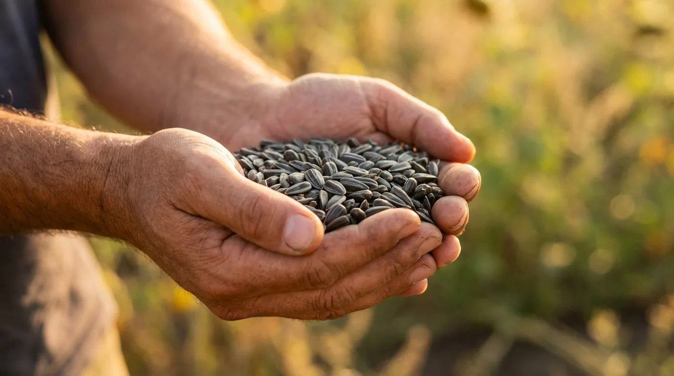 photorealistic close-up of hands holding a handful of sunflower seeds, professional photography, 8K, cinematic lighting, sharp focus, depth of field