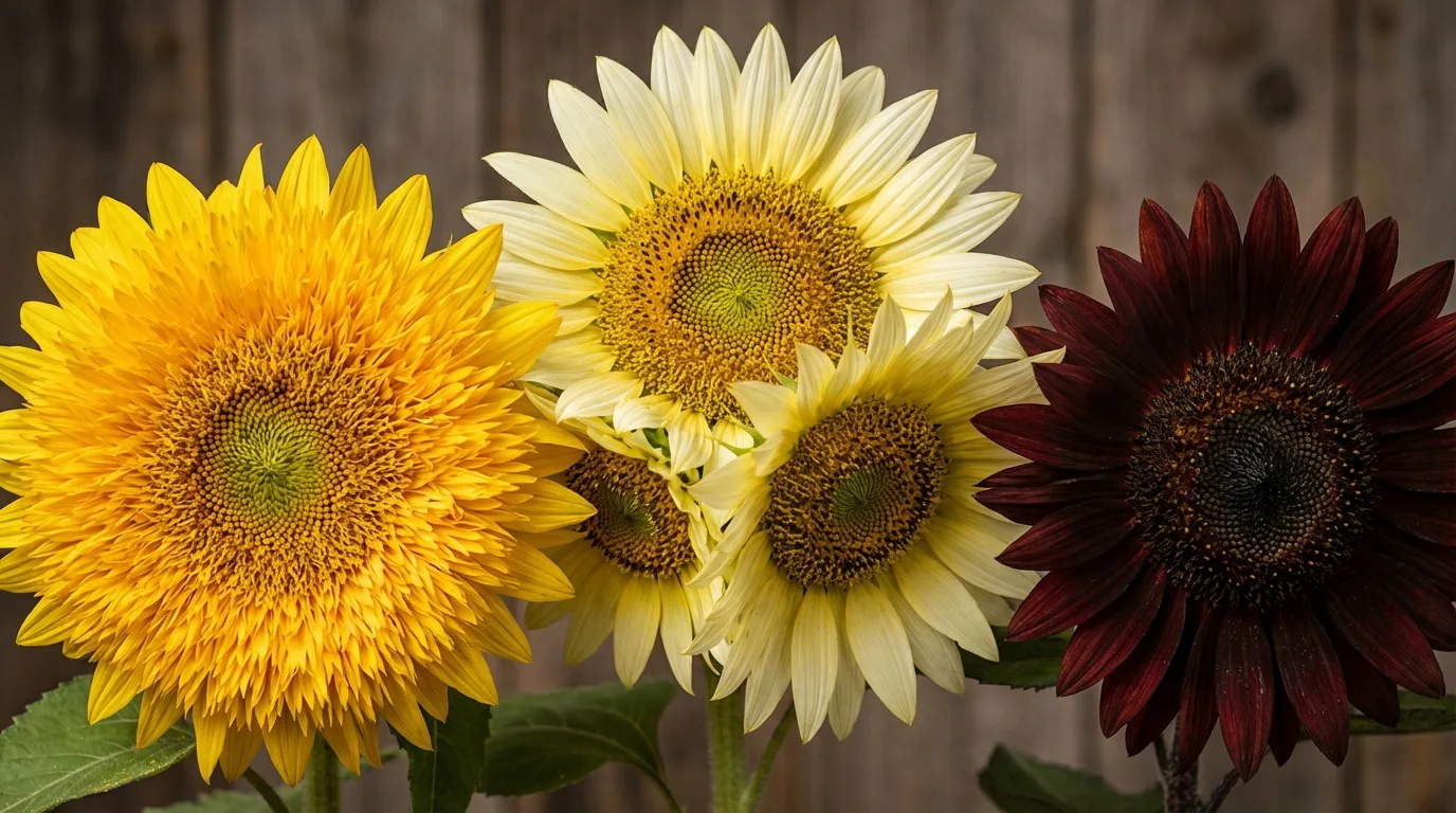 photorealistic close-up of several different varieties of sunflowers with different colors and sizes, side-by-side, professional photography, 8K, cinematic lighting, sharp focus, depth of field