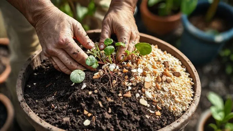 A photorealistic, professional photography, 8K, cinematic lighting, sharp focus, depth of field, shot on a high-end DSLR, showing a gardener's hands gently mixing various organic and inorganic components like perlite, vermiculite, coco chips, and dark soil in a large pot, with healthy plant roots visible within the mix. The scene is set in a softly lit, shaded garden corner, emphasizing the texture and quality of the substrate components. A photorealistic, professional photography, 8K, cinematic lighting, sharp focus, depth of field, shot on a high-end DSLR, showing a gardener's hands gently mixing various organic and inorganic components like perlite, vermiculite, coco chips, and dark soil in a large pot, with healthy plant roots visible within the mix. The scene is set in a softly lit, shaded garden corner, emphasizing the texture and quality of the substrate components.