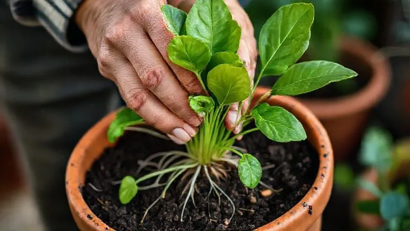 A photorealistic, professional photography, 8K, cinematic lighting, sharp focus, depth of field, shot on a high-end DSLR, showing a close-up of a gardener's hands gently potting a vibrant green plant into a terracotta pot filled with a fresh, well-draining substrate. The focus is on the delicate roots being nestled into the soil, with soft, diffused light highlighting the details of the plant and hands. A photorealistic, professional photography, 8K, cinematic lighting, sharp focus, depth of field, shot on a high-end DSLR, showing a close-up of a gardener's hands gently potting a vibrant green plant into a terracotta pot filled with a fresh, well-draining substrate. The focus is on the delicate roots being nestled into the soil, with soft, diffused light highlighting the details of the plant and hands.