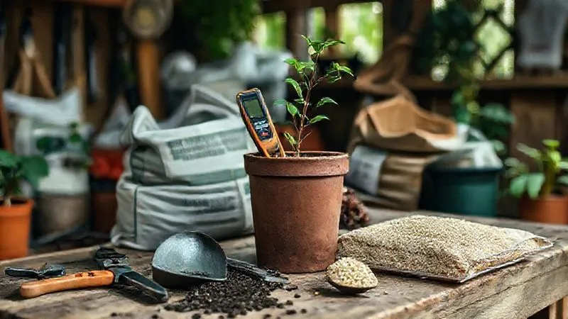 A photorealistic, professional photography, 8K, cinematic lighting, sharp focus, depth of field, shot on a high-end DSLR, showing a collection of essential gardening tools: a moisture meter inserted into a pot, pruning shears, a small trowel, and bags of various substrate components (perlite, coco coir) neatly arranged on a wooden workbench in a naturally lit, rustic garden shed. A photorealistic, professional photography, 8K, cinematic lighting, sharp focus, depth of field, shot on a high-end DSLR, showing a collection of essential gardening tools: a moisture meter inserted into a pot, pruning shears, a small trowel, and bags of various substrate components (perlite, coco coir) neatly arranged on a wooden workbench in a naturally lit, rustic garden shed.