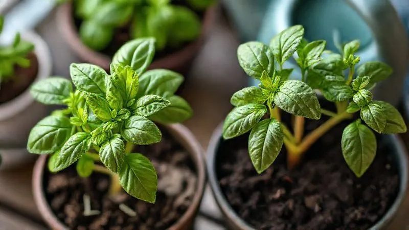 A photorealistic, professional photography, 8K, cinematic lighting, sharp focus, depth of field, shot on a high-end DSLR, showing a close-up of two small potted basil plants side-by-side. One plant has vibrant green leaves, while the other shows clear signs of stress with yellowed, slightly drooping leaves due to water imbalance, with visible dry, cracked soil in one pot and overly soggy, dark soil in the other. A small watering can is nearby. The image should evoke a sense of a common gardening challenge. A photorealistic, professional photography, 8K, cinematic lighting, sharp focus, depth of field, shot on a high-end DSLR, showing a close-up of two small potted basil plants side-by-side. One plant has vibrant green leaves, while the other shows clear signs of stress with yellowed, slightly drooping leaves due to water imbalance, with visible dry, cracked soil in one pot and overly soggy, dark soil in the other. A small watering can is nearby. The image should evoke a sense of a common gardening challenge.