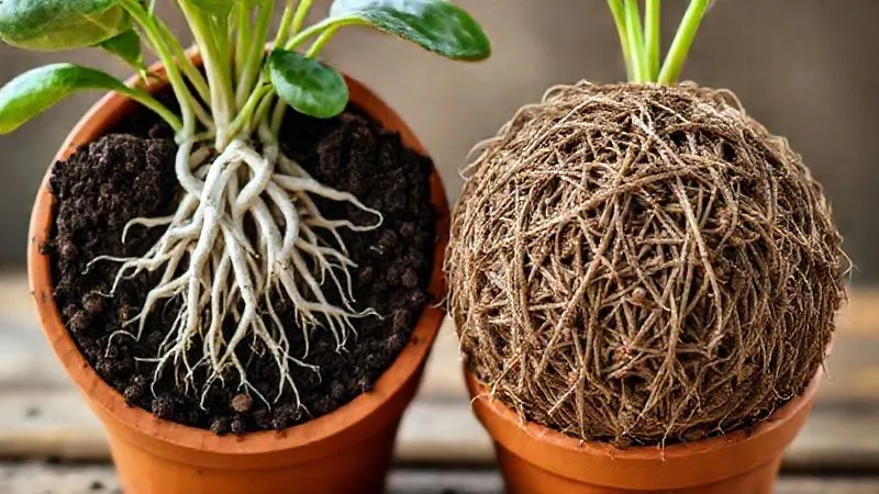 A photorealistic, professional photography, 8K, cinematic lighting, sharp focus, depth of field, shot on a high-end DSLR, showing a cross-section of two terracotta pots. One pot reveals healthy, white roots freely exploring a rich, dark, well-aerated soil mix. The second pot shows a dense, matted ball of roots tightly packed, with pale, stressed roots and compacted, clay-like soil. The contrast should clearly illustrate the concept of root-bound plants and poor soil structure. A photorealistic, professional photography, 8K, cinematic lighting, sharp focus, depth of field, shot on a high-end DSLR, showing a cross-section of two terracotta pots. One pot reveals healthy, white roots freely exploring a rich, dark, well-aerated soil mix. The second pot shows a dense, matted ball of roots tightly packed, with pale, stressed roots and compacted, clay-like soil. The contrast should clearly illustrate the concept of root-bound plants and poor soil structure.