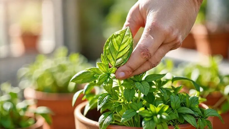 A photorealistic, professional photography, 8K, cinematic lighting, sharp focus, depth of field, shot on a high-end DSLR, depicting a gardener's hands gently inspecting the underside of a vibrant green basil leaf in a terracotta pot. The sun is shining, highlighting the healthy foliage, and there's a sense of calm, routine care. The background shows a blurred, thriving container garden, emphasizing prevention and regular monitoring. A photorealistic, professional photography, 8K, cinematic lighting, sharp focus, depth of field, shot on a high-end DSLR, depicting a gardener's hands gently inspecting the underside of a vibrant green basil leaf in a terracotta pot. The sun is shining, highlighting the healthy foliage, and there's a sense of calm, routine care. The background shows a blurred, thriving container garden, emphasizing prevention and regular monitoring.