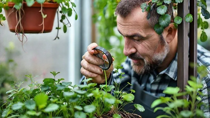 A photorealistic, professional photography image of a gardener meticulously inspecting the roots of a plant in a smart vertical garden pot, using a small magnifying glass. The garden is lush and healthy. 8K, cinematic lighting, sharp focus, depth of field. A photorealistic, professional photography image of a gardener meticulously inspecting the roots of a plant in a smart vertical garden pot, using a small magnifying glass. The garden is lush and healthy. 8K, cinematic lighting, sharp focus, depth of field.