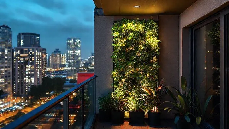A photorealistic image of a sleek, modern smart vertical garden system with integrated lighting and a visible, efficient irrigation network, set against a stylish urban balcony. Professional photography, 8K, cinematic lighting. A photorealistic image of a sleek, modern smart vertical garden system with integrated lighting and a visible, efficient irrigation network, set against a stylish urban balcony. Professional photography, 8K, cinematic lighting.
