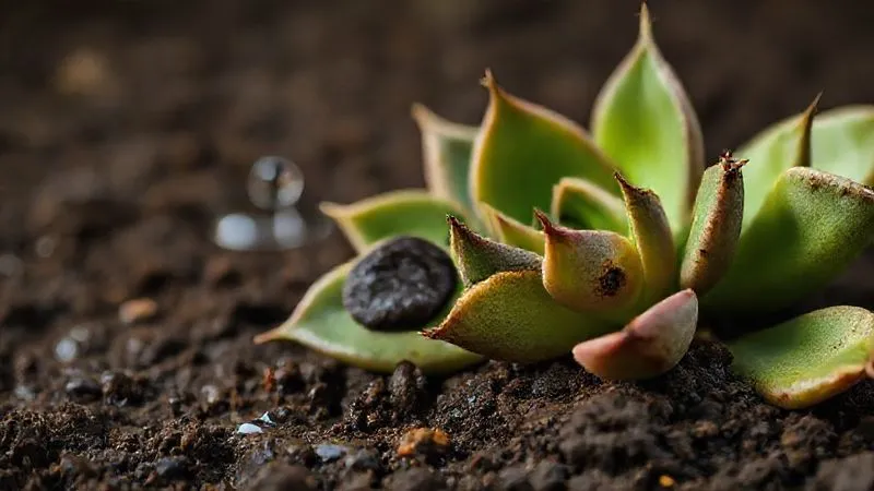 Photorealistic, professional photography, 8K, cinematic lighting, sharp focus, depth of field, shot on a high-end DSLR. A close-up of a succulent leaf showing clear signs of rot, with dark, mushy spots, lying on a visibly wet, dense soil surface. In the background, out of focus, a single water droplet is falling, emphasizing the excess moisture problem. Photorealistic, professional photography, 8K, cinematic lighting, sharp focus, depth of field, shot on a high-end DSLR. A close-up of a succulent leaf showing clear signs of rot, with dark, mushy spots, lying on a visibly wet, dense soil surface. In the background, out of focus, a single water droplet is falling, emphasizing the excess moisture problem.