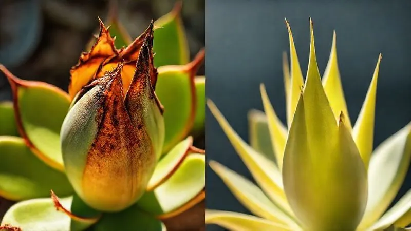Photorealistic, professional photography, 8K, cinematic lighting, sharp focus, depth of field, shot on a high-end DSLR. Two succulent leaves side-by-side: one is shriveled and burnt at the edges, lying under harsh, direct sunlight; the other is pale and elongated, stretching towards a distant, dim light source. The image emphasizes the contrast of incorrect lighting conditions. Photorealistic, professional photography, 8K, cinematic lighting, sharp focus, depth of field, shot on a high-end DSLR. Two succulent leaves side-by-side: one is shriveled and burnt at the edges, lying under harsh, direct sunlight; the other is pale and elongated, stretching towards a distant, dim light source. The image emphasizes the contrast of incorrect lighting conditions.