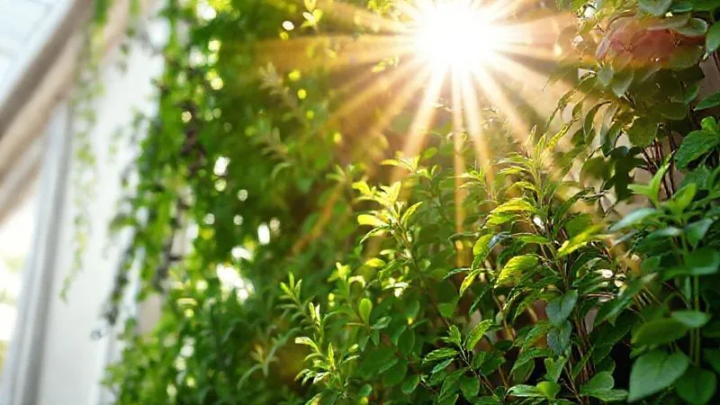 A photorealistic, professional photography, 8K, cinematic lighting, sharp focus, depth of field, shot on a high-end DSLR, of a vertical garden receiving sunlight. Some plants (like rosemary) are bathed in bright, direct sun, while others (like mint) are in a softer, dappled light, illustrating varying light needs. The sun's rays create beautiful patterns through the leaves. Emotional resonance: the nurturing power of light, tailored to each plant's needs. A photorealistic, professional photography, 8K, cinematic lighting, sharp focus, depth of field, shot on a high-end DSLR, of a vertical garden receiving sunlight. Some plants (like rosemary) are bathed in bright, direct sun, while others (like mint) are in a softer, dappled light, illustrating varying light needs. The sun's rays create beautiful patterns through the leaves. Emotional resonance: the nurturing power of light, tailored to each plant's needs.