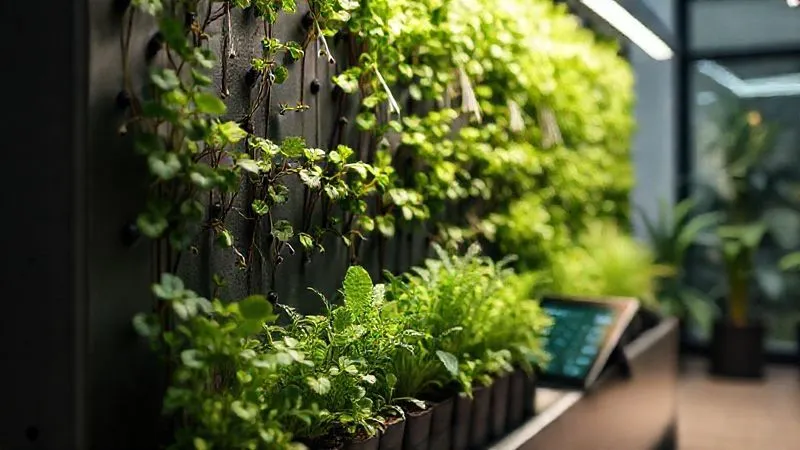 A photorealistic, professional photography, 8K, cinematic lighting, sharp focus, depth of field, shot on a high-end DSLR, of a sleek, modern vertical garden with integrated smart technology. Visible elements include subtle drip irrigation lines, small, unobtrusive sensors embedded in the soil, and a soft glow from a hidden LED grow light. A tablet displaying plant data is subtly placed nearby. Emotional resonance: innovation, ease, and future-forward gardening. A photorealistic, professional photography, 8K, cinematic lighting, sharp focus, depth of field, shot on a high-end DSLR, of a sleek, modern vertical garden with integrated smart technology. Visible elements include subtle drip irrigation lines, small, unobtrusive sensors embedded in the soil, and a soft glow from a hidden LED grow light. A tablet displaying plant data is subtly placed nearby. Emotional resonance: innovation, ease, and future-forward gardening.