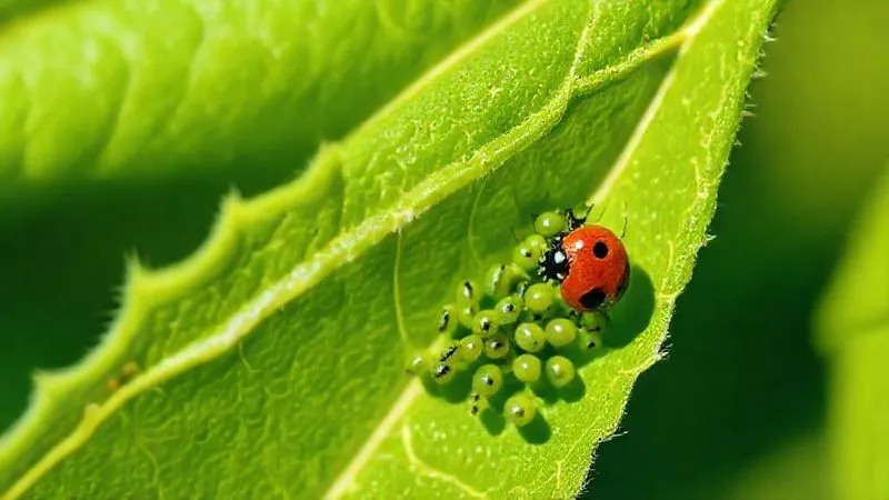 A photorealistic close-up image of a vibrant green leaf, clearly showing small, green aphids clustered on its underside, with a single ladybug approaching. Sharp focus on the aphids, depth of field blurring the background, natural sunlight, 8K hyper-detailed, professional photography, shot on a high-end DSLR. A photorealistic close-up image of a vibrant green leaf, clearly showing small, green aphids clustered on its underside, with a single ladybug approaching. Sharp focus on the aphids, depth of field blurring the background, natural sunlight, 8K hyper-detailed, professional photography, shot on a high-end DSLR.