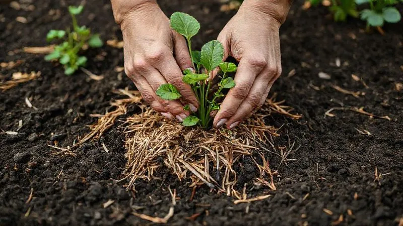 A photorealistic image of a gardener's hands gently applying organic mulch (straw or dried leaves) around the base of a young vegetable plant in a raised garden bed. The soil looks rich and dark. Cinematic lighting, sharp focus on the hands and mulch, depth of field blurring the background, 8K hyper-detailed, professional photography, shot on a high-end DSLR. A photorealistic image of a gardener's hands gently applying organic mulch (straw or dried leaves) around the base of a young vegetable plant in a raised garden bed. The soil looks rich and dark. Cinematic lighting, sharp focus on the hands and mulch, depth of field blurring the background, 8K hyper-detailed, professional photography, shot on a high-end DSLR.