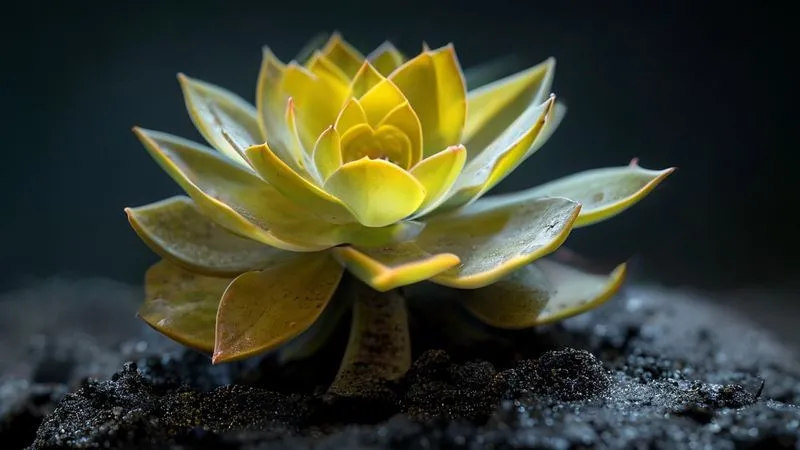 A close-up, photorealistic image of a succulent with translucent, yellowing lower leaves and a slightly darkened stem base, clearly showing signs of early root rot. The soil around the plant is visibly damp and dark. Cinematic lighting, sharp focus on the affected plant, depth of field, 8K hyper-detailed, shot on a high-end DSLR. A close-up, photorealistic image of a succulent with translucent, yellowing lower leaves and a slightly darkened stem base, clearly showing signs of early root rot. The soil around the plant is visibly damp and dark. Cinematic lighting, sharp focus on the affected plant, depth of field, 8K hyper-detailed, shot on a high-end DSLR.