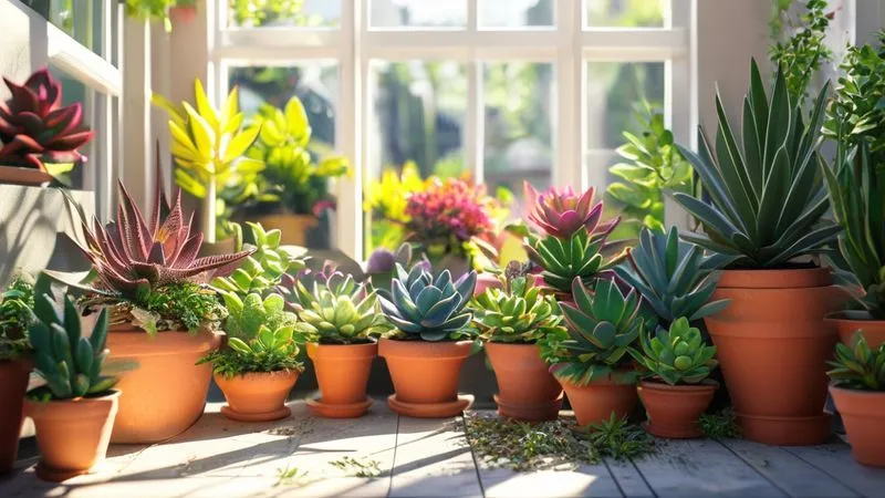 A photorealistic image of a vibrant, healthy succulent garden indoors, with various succulent types thriving under bright natural light from a window, excellent air circulation, and well-draining soil visible in terracotta pots. Cinematic lighting, sharp focus on the plants, depth of field, 8K hyper-detailed, shot on a high-end DSLR. A photorealistic image of a vibrant, healthy succulent garden indoors, with various succulent types thriving under bright natural light from a window, excellent air circulation, and well-draining soil visible in terracotta pots. Cinematic lighting, sharp focus on the plants, depth of field, 8K hyper-detailed, shot on a high-end DSLR.