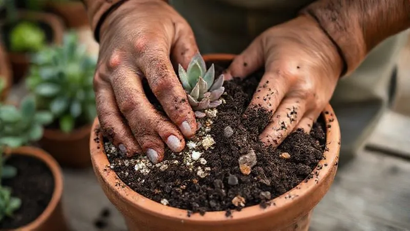 A close-up, photorealistic image of a gardener's hands mixing a perfect organic succulent potting mix in a terracotta pot, showing visible perlite, pumice, and dark compost. Professional photography, 8K, cinematic lighting, sharp focus on the texture of the soil, depth of field blurring the background, shot on a high-end DSLR. A close-up, photorealistic image of a gardener's hands mixing a perfect organic succulent potting mix in a terracotta pot, showing visible perlite, pumice, and dark compost. Professional photography, 8K, cinematic lighting, sharp focus on the texture of the soil, depth of field blurring the background, shot on a high-end DSLR.