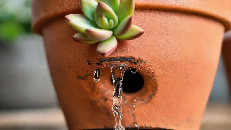 A photorealistic close-up of a terracotta pot with a healthy succulent, clearly showing a drainage hole at the bottom and water dripping out, emphasizing excellent drainage. Professional photography, 8K, cinematic lighting, sharp focus on the drainage, depth of field blurring the background, shot on a high-end DSLR. A photorealistic close-up of a terracotta pot with a healthy succulent, clearly showing a drainage hole at the bottom and water dripping out, emphasizing excellent drainage. Professional photography, 8K, cinematic lighting, sharp focus on the drainage, depth of field blurring the background, shot on a high-end DSLR.