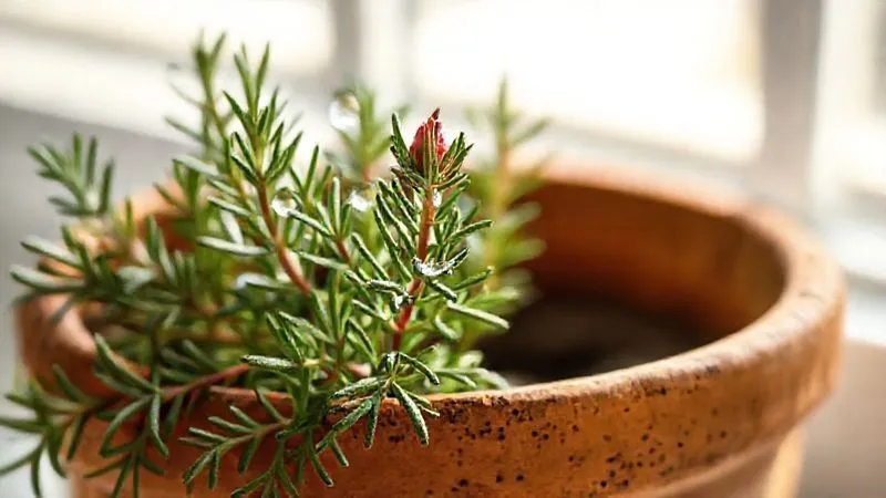 A close-up, photorealistic image of a rustic, unglazed terracotta pot holding a vibrant rosemary plant, with drops of water on its leaves from recent watering. Soft, natural sunlight highlights the porous texture of the pot. Shot on a high-end DSLR, 8K hyper-detailed, depth of field. A close-up, photorealistic image of a rustic, unglazed terracotta pot holding a vibrant rosemary plant, with drops of water on its leaves from recent watering. Soft, natural sunlight highlights the porous texture of the pot. Shot on a high-end DSLR, 8K hyper-detailed, depth of field.