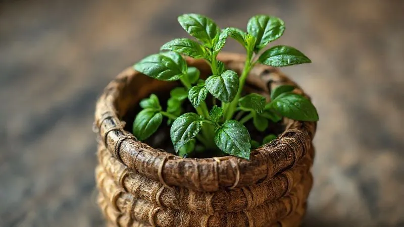 A photorealistic image of a small, rustic pot made from woven coconut fiber, holding a young basil seedling. The texture of the fiber is clearly visible, with a few drops of water on the plant's leaves. Soft, diffused natural light, 8K hyper-detailed, depth of field. A photorealistic image of a small, rustic pot made from woven coconut fiber, holding a young basil seedling. The texture of the fiber is clearly visible, with a few drops of water on the plant's leaves. Soft, diffused natural light, 8K hyper-detailed, depth of field.
