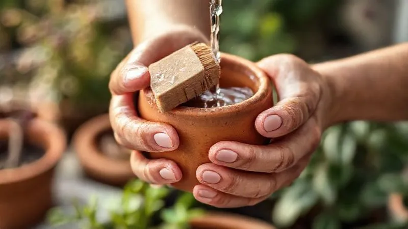 A photorealistic image of a person's hands gently scrubbing a small, unglazed terracotta pot with a soft brush and water, demonstrating the cleaning process. The background is a blurred garden scene with aromatic plants. Cinematic lighting, sharp focus on the hands and pot, 8K hyper-detailed. A photorealistic image of a person's hands gently scrubbing a small, unglazed terracotta pot with a soft brush and water, demonstrating the cleaning process. The background is a blurred garden scene with aromatic plants. Cinematic lighting, sharp focus on the hands and pot, 8K hyper-detailed.