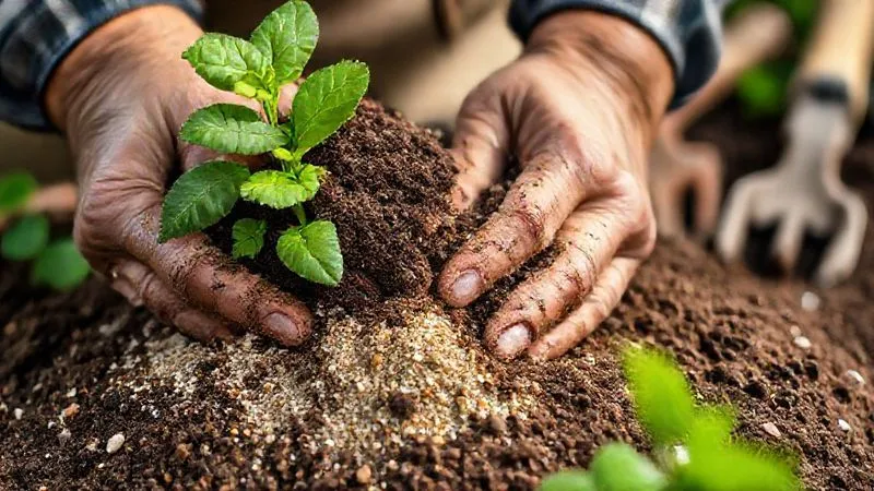 Photorealistic, professional photography of a gardener's hands mixing soil, perlite, and sand for an aromatic plant, showing the texture of a well-draining substrate. Cinematic lighting, sharp focus on the hands and soil, depth of field blurring gardening tools in the background, 8K hyper-detailed, shot on a high-end DSLR, evoking expertise and care. Photorealistic, professional photography of a gardener's hands mixing soil, perlite, and sand for an aromatic plant, showing the texture of a well-draining substrate. Cinematic lighting, sharp focus on the hands and soil, depth of field blurring gardening tools in the background, 8K hyper-detailed, shot on a high-end DSLR, evoking expertise and care.