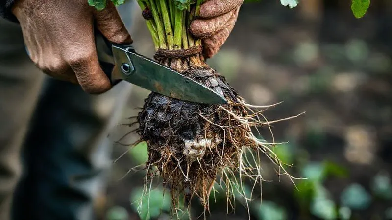 Photorealistic, professional photography of a gardener's hands carefully trimming dark, rotted roots from a plant, contrasting with healthy white roots. Cinematic lighting, sharp focus on the roots and pruning shears, depth of field blurring the background, 8K hyper-detailed, shot on a high-end DSLR, conveying a delicate salvage operation. Photorealistic, professional photography of a gardener's hands carefully trimming dark, rotted roots from a plant, contrasting with healthy white roots. Cinematic lighting, sharp focus on the roots and pruning shears, depth of field blurring the background, 8K hyper-detailed, shot on a high-end DSLR, conveying a delicate salvage operation.