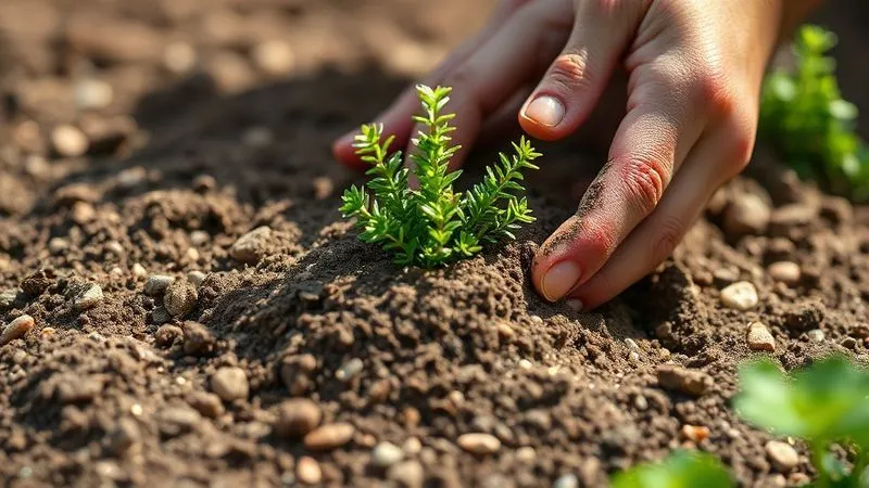 A photorealistic close-up image of a gardener's hands sifting through a perfectly prepared, well-drained soil mix, rich with sand and small pebbles, ready for planting, with a vibrant green thyme seedling gently placed on top. Soft, natural sunlight illuminates the scene, sharp focus on the soil and plant, depth of field blurring the background, professional photography, 8K, cinematic lighting, shot on a high-end DSLR, conveying care and preparation. A photorealistic close-up image of a gardener's hands sifting through a perfectly prepared, well-drained soil mix, rich with sand and small pebbles, ready for planting, with a vibrant green thyme seedling gently placed on top. Soft, natural sunlight illuminates the scene, sharp focus on the soil and plant, depth of field blurring the background, professional photography, 8K, cinematic lighting, shot on a high-end DSLR, conveying care and preparation.