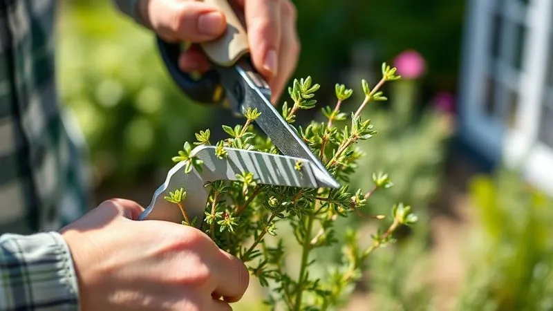 A photorealistic close-up image of a gardener's hands carefully pruning a vibrant thyme plant with sharp, clean shears. The cut stems are visible, and new, tender green shoots are emerging from the base. The background is a blurred garden setting under bright daylight. Professional photography, 8K, cinematic lighting, sharp focus on the pruning action, depth of field, shot on a high-end DSLR, conveying precision and care. A photorealistic close-up image of a gardener's hands carefully pruning a vibrant thyme plant with sharp, clean shears. The cut stems are visible, and new, tender green shoots are emerging from the base. The background is a blurred garden setting under bright daylight. Professional photography, 8K, cinematic lighting, sharp focus on the pruning action, depth of field, shot on a high-end DSLR, conveying precision and care.