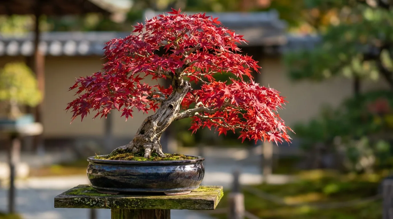 Um Acer palmatum exibindo suas vibrantes folhas vermelhas no outono.