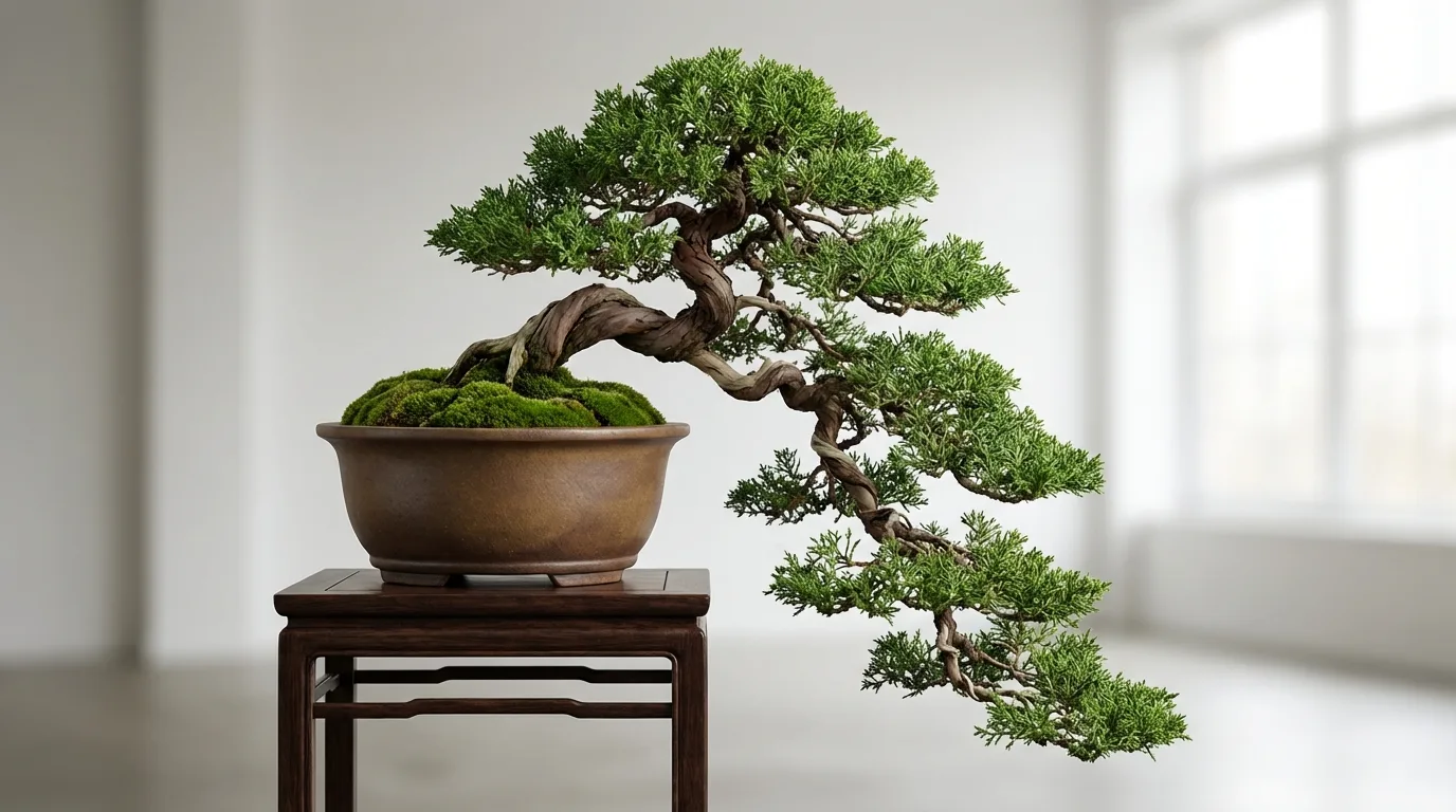 Um Juniperus procumbens no estilo cascata, exibindo a beleza da forma e textura.